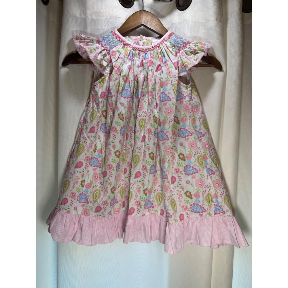 Petit Pomme Girls 3T Floral Smocked Dress Pink Paisley Gingham Ruffle 4427P